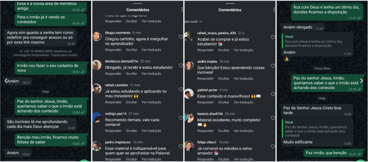 Capturas de tela reais de conversas no WhatsApp e comentários de alunos elogiando o conteúdo da formação