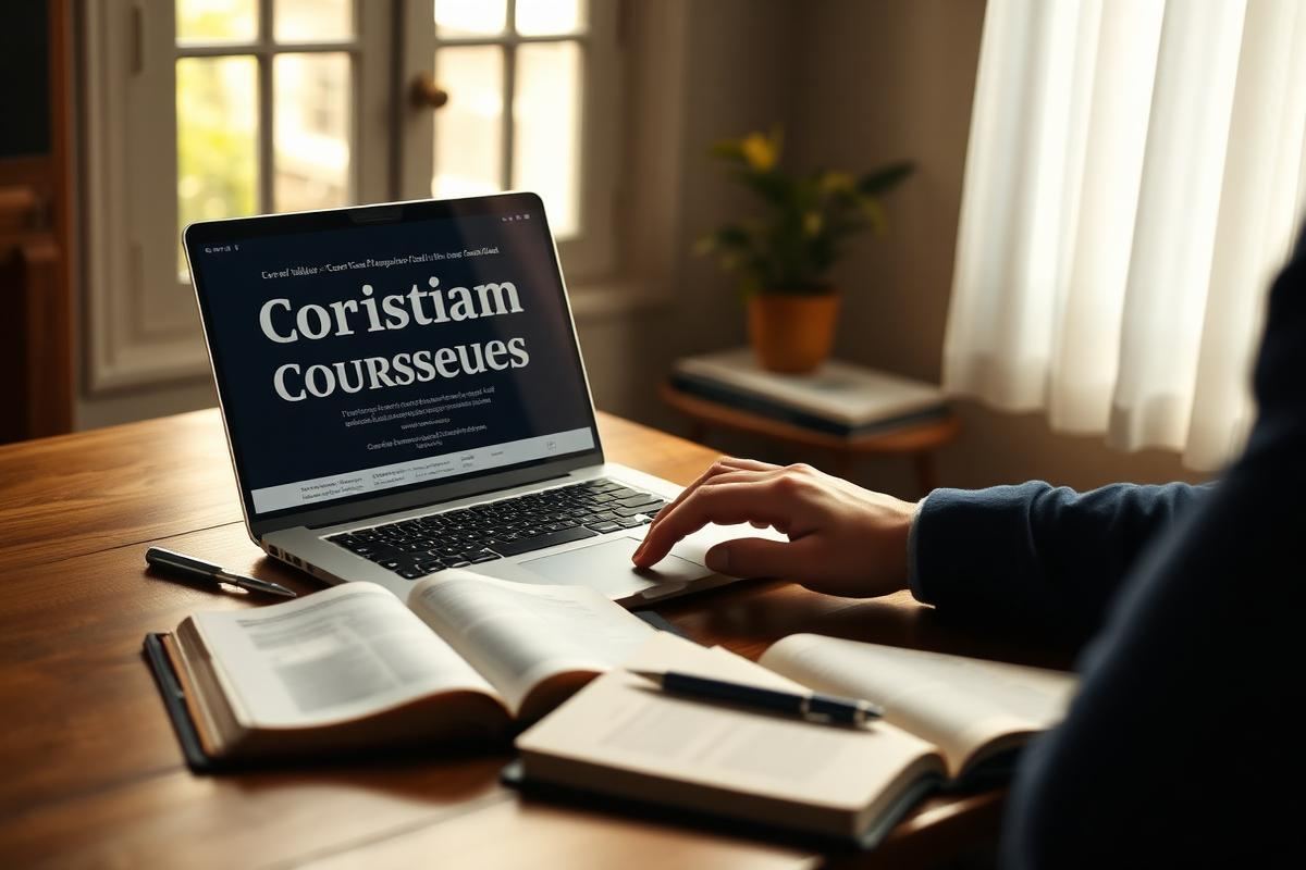 Aluno estudando o curso de aconselhamento pastoral no notebook com a Bíblia ao lado