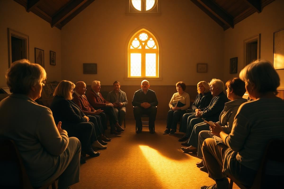 Grupo de apoio da igreja reunido em círculo durante um encontro de cuidado